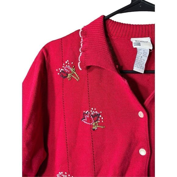 Vintage Koret 90s Red Embroidered Flowers Cardigan Sweater Size M - Picture 3 of 6